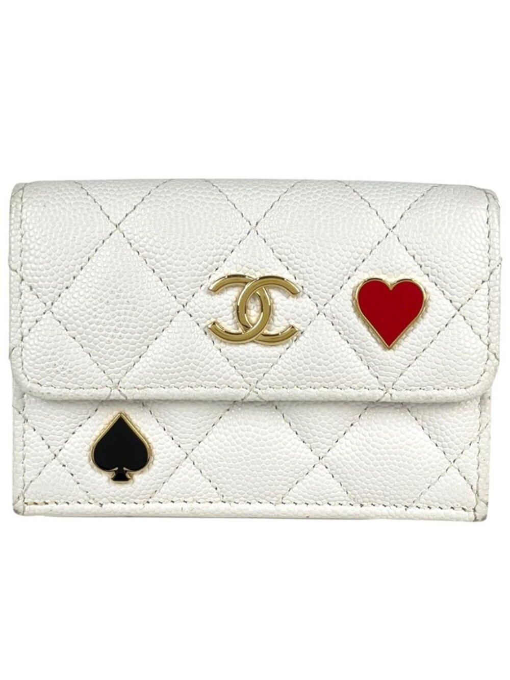 Chanel Trifold Wallet CC Logo Heart Spade Caviar Leather White